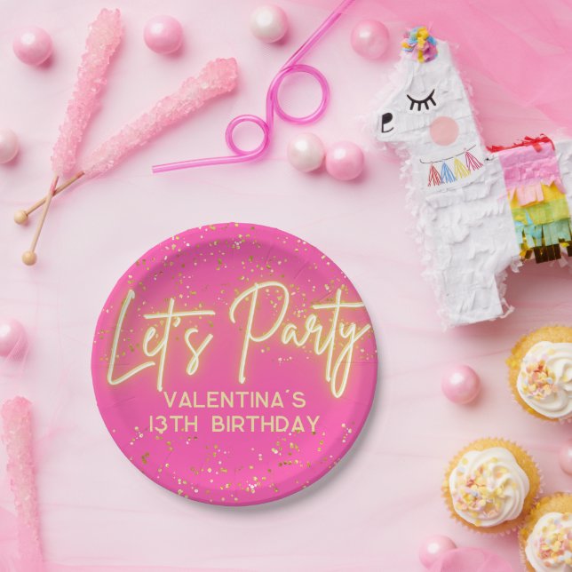 Modern Hot Pink Neon Glowing Let's Party Birthday Paper Plates (Party)