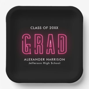 Modern Hot Pink Neon Graduation Paper Plates