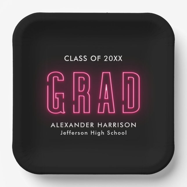 Modern Hot Pink Neon Graduation Paper Plates (Front)