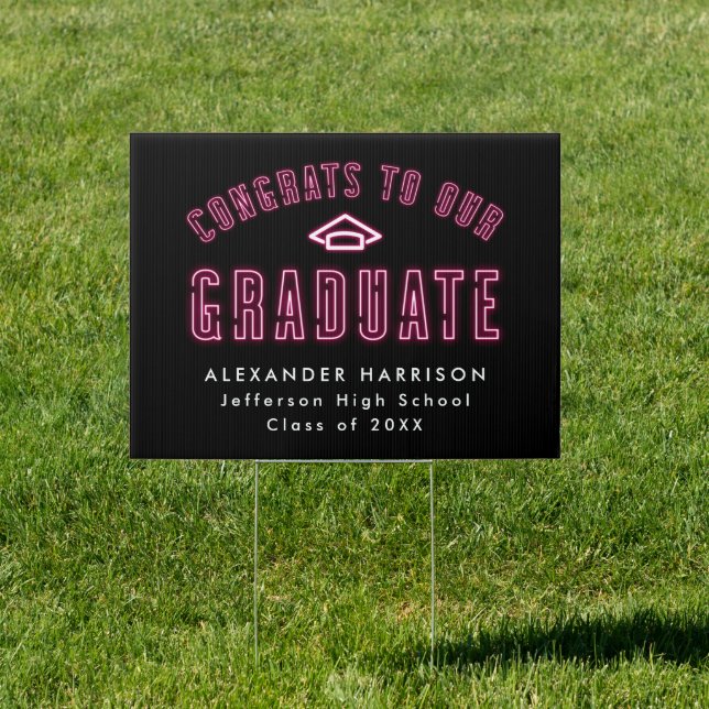 Modern Hot Pink Neon Graduation Sign (Insitu)