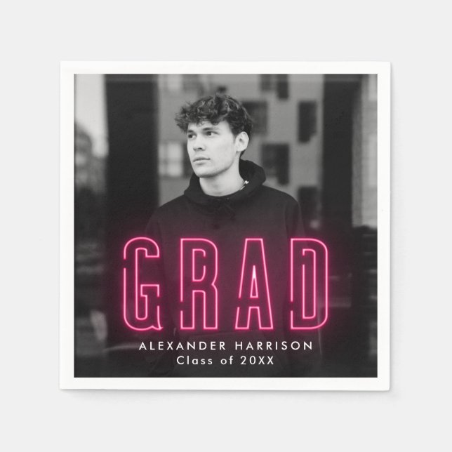 Modern Hot Pink Neon Photo Graduation Napkins (Front)
