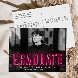 Modern Hot Pink Neon Photo Graduation Party Invitation Postcard