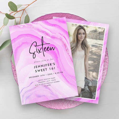 Modern Hot Pink Ombre Marble Photo Sweet 16  Invitation