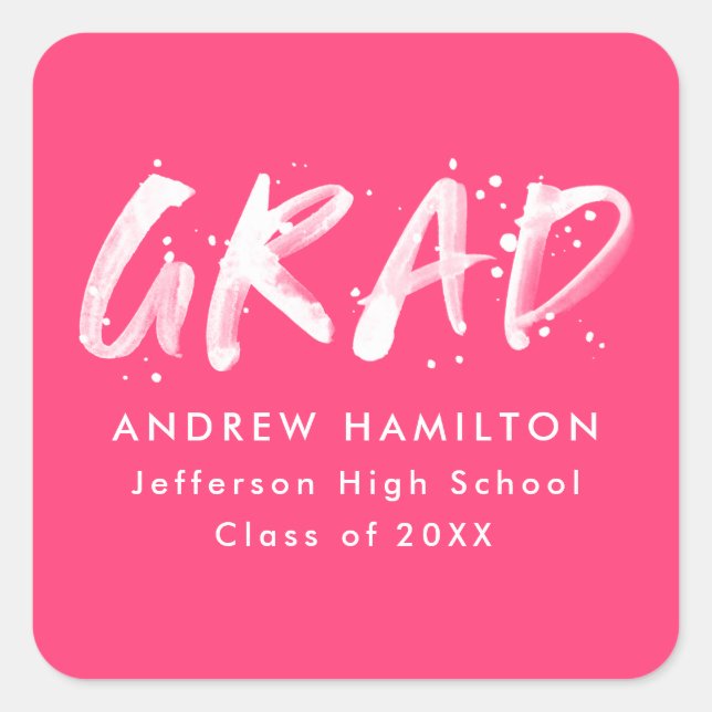 Modern Hot Pink Paint Splatter Graduation Square Sticker (Front)