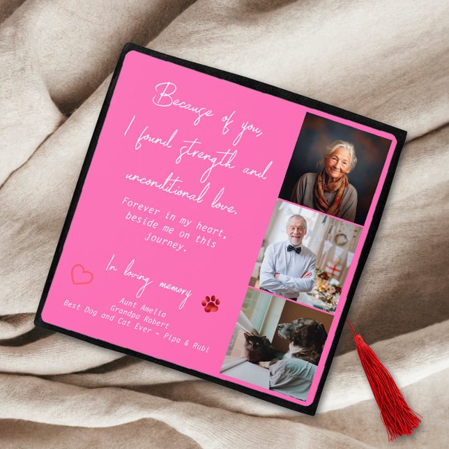 Modern Hot Pink Personalized 3 Photo Memorial Graduation Cap Topper (Creator Uploaded)