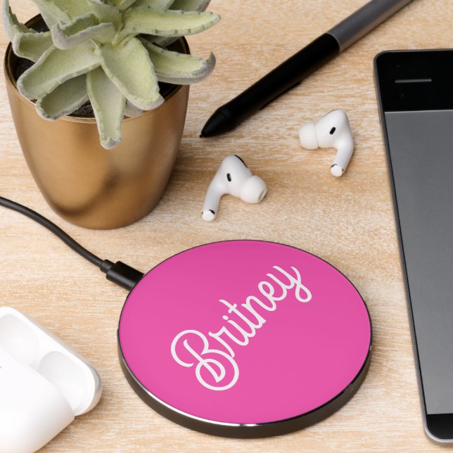 Modern Hot Pink  Personalized Monogram and Name  Wireless Charger (Desk 2)