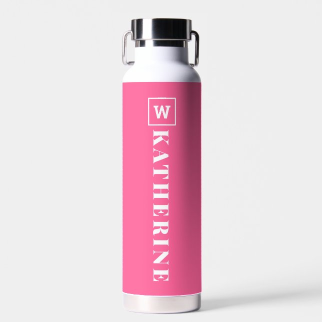 Modern Hot Pink Personalized Name Monogram Simple Water Bottle (Front)