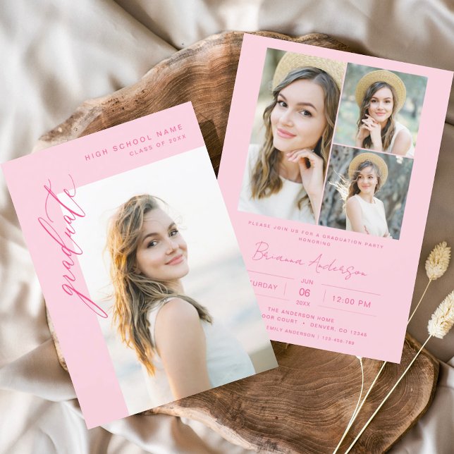 Modern Hot Pink Photo Graduation Party Invitation (Creator Uploaded)