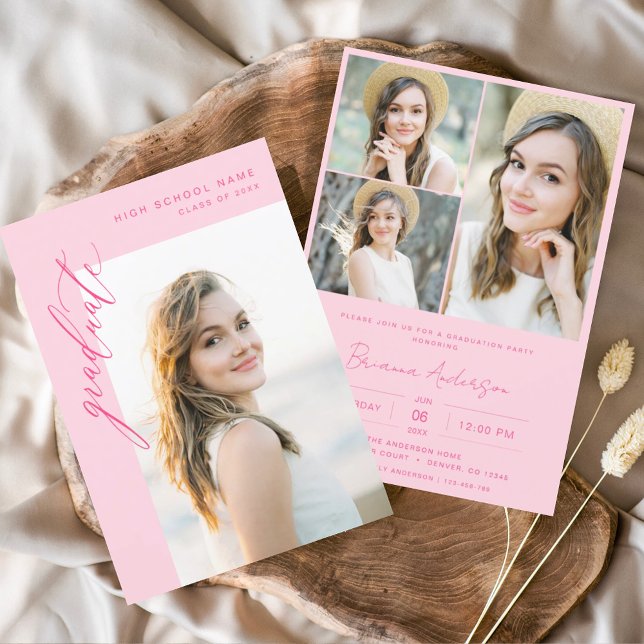 Modern Hot Pink Photo Graduation Party Invitation (Creator Uploaded)