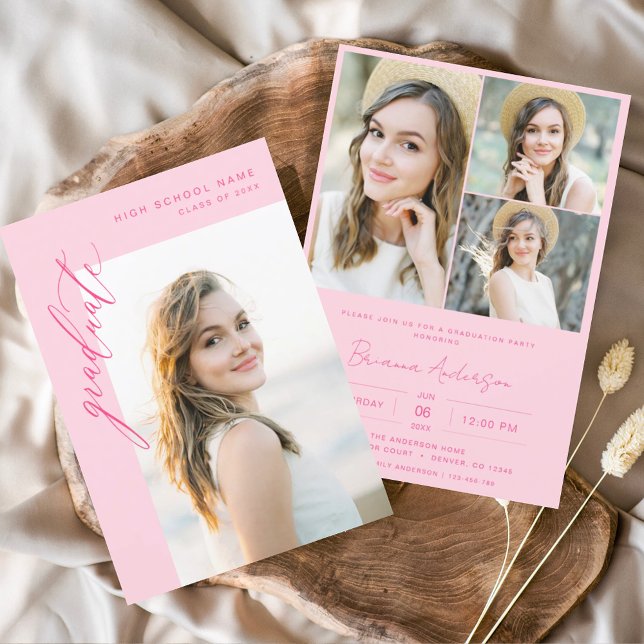 Modern Hot Pink Photo Graduation Party Invitation (Creator Uploaded)