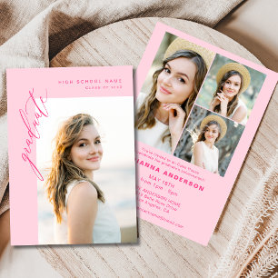 Modern Hot Pink Photo Graduation Party Invitation