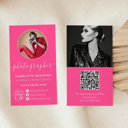 Modern hot pink photo qr code logo photographer business card