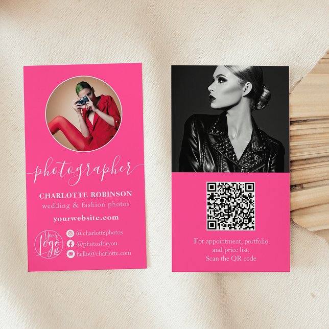 Modern hot pink photo qr code logo photographer business card (Modern hot pink photo qr code logo photographer business card)