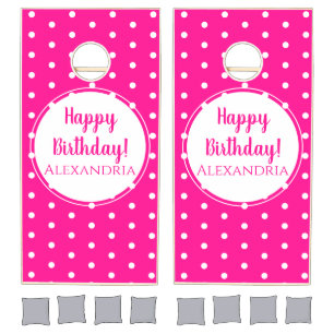 Modern Hot Pink Polka Dots Happy Birthday Cornhole Set