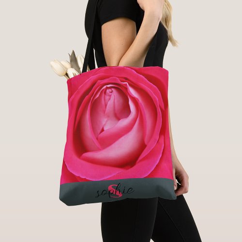 Modern hot pink rose with name  tote bag