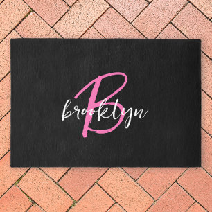 Modern Hot Pink Script Monogram Black White Outdoor Rug