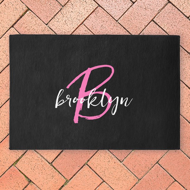 Modern Hot Pink Script Monogram Black White Outdoor Rug (Creator Uploaded)