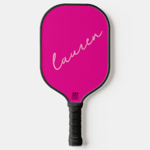 Modern Hot Pink Script Name Pickleball Paddle