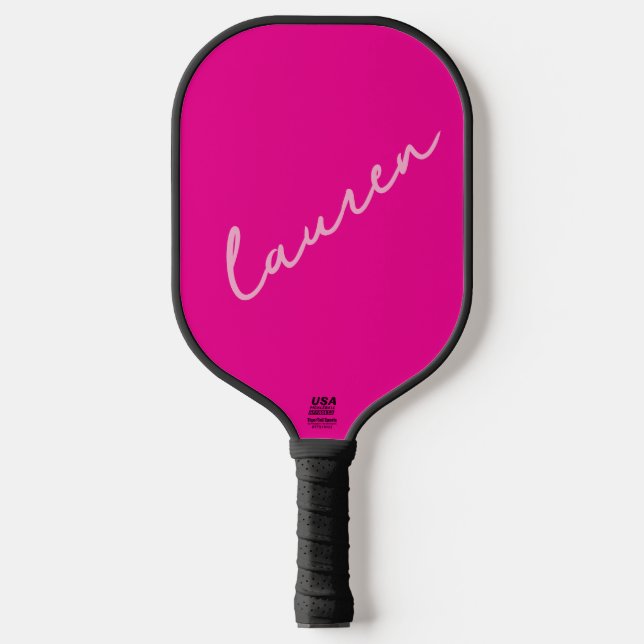 Modern Hot Pink Script Name  Pickleball Paddle (Front)