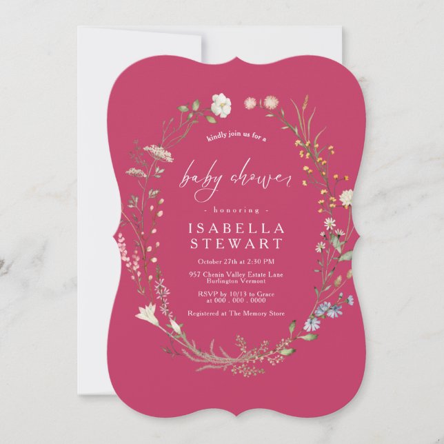Modern Hot Pink Script Wildflower Baby Shower Invitation (Front)