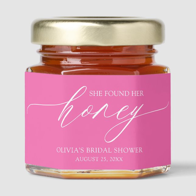 Modern Hot Pink She Found Her Honey Bridal Shower Honey Jar Favors (Front)