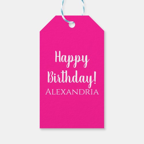 Modern Hot Pink Simple Script Birthday Name Gift Tags