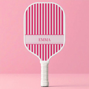 Modern Hot Pink Striped Cute Girly Preppy Name Pickleball Paddle