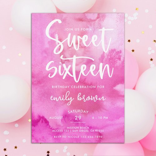 Modern Hot Pink Watercolor Typographic Sweet 16 Invitation