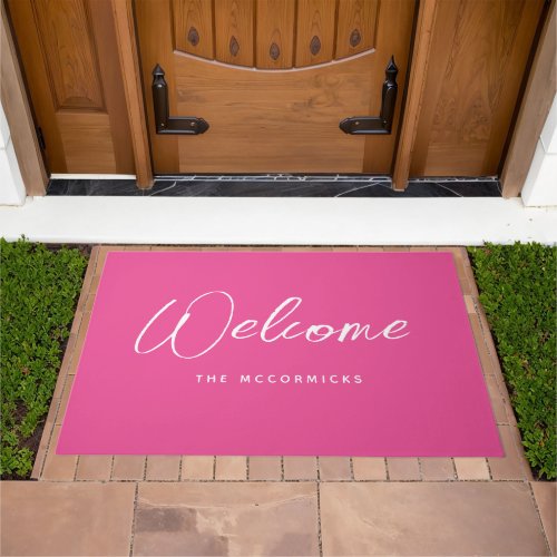 Modern Hot Pink Welcome Script Family Monogram Doormat