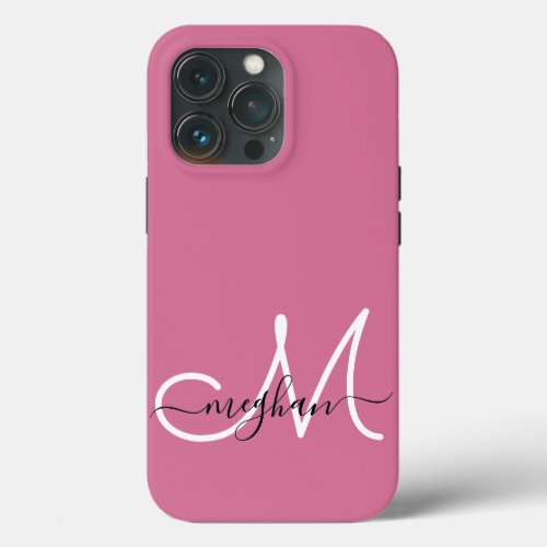 Modern Hot Pink White Script Name Monogram iPhone 13 Pro Case