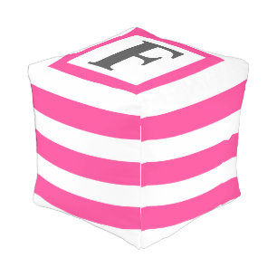 Modern Hot Pink White Stripes Monogram Outdoor Pouf