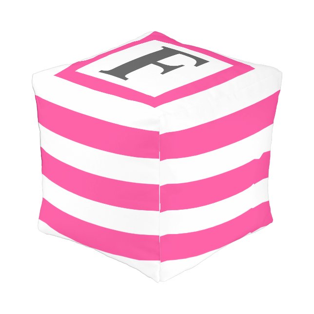 Modern Hot Pink White Stripes Monogram Outdoor Pouf (Angled Front)