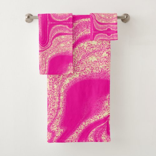 Modern hot pink yellow abstract marble pattern bath towel set