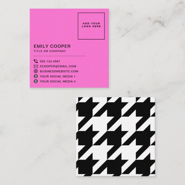 Modern Houndstooth Add Logo Black White Neon Pink Square Business Card (Front/Back)