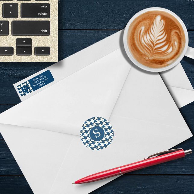Modern Houndstooth Blue & White Monogram Classic Round Sticker (Creator Uploaded)