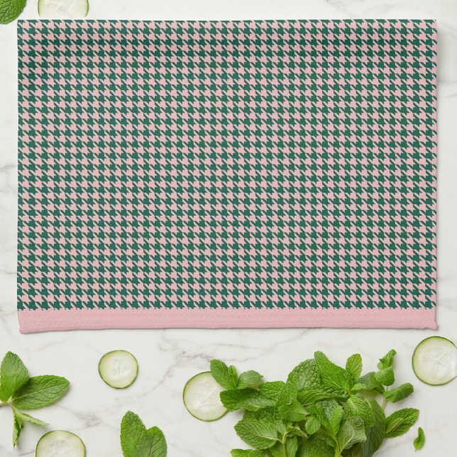 Modern Houndstooth Pattern Holiday Green & Pink Kitchen Towel (Folded)