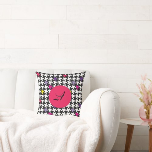 Modern Houndstooth Pattern Pink  Purple Monogram Throw Pillow