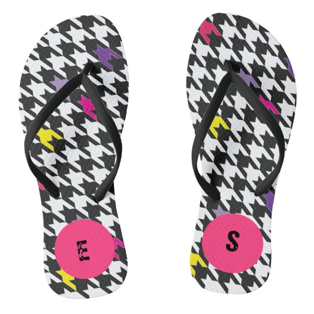 Modern Houndstooth Pattern Pink Purple Yellow Flip Flops (Footbed)