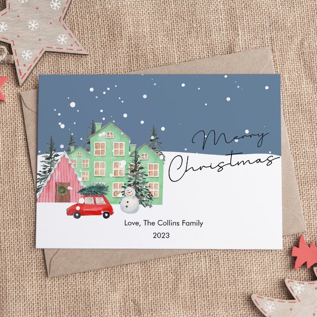 Modern House and Snow Christmas Flat Holiday Card (Creator Uploaded)