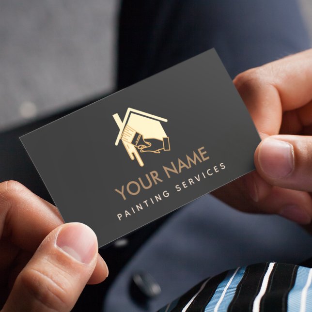 Modern House Brush Painting Neutral Cream & Black Business Card (Creator Uploaded)