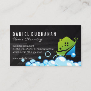 Modern House Cleaning Broom Logo Soap Bubbles Business Card