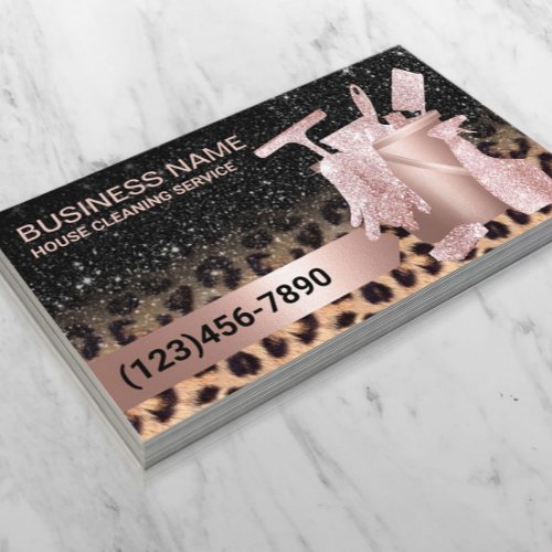 Modern House Cleaning Leopard  Rose Gold Glitter  Business Card