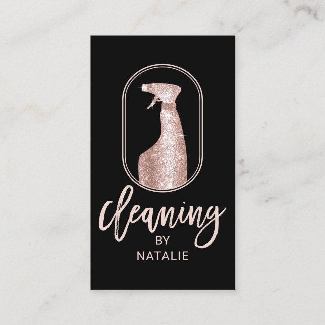 Modern House Cleaning Logo Rose Gold Typography  Business Card (Front)