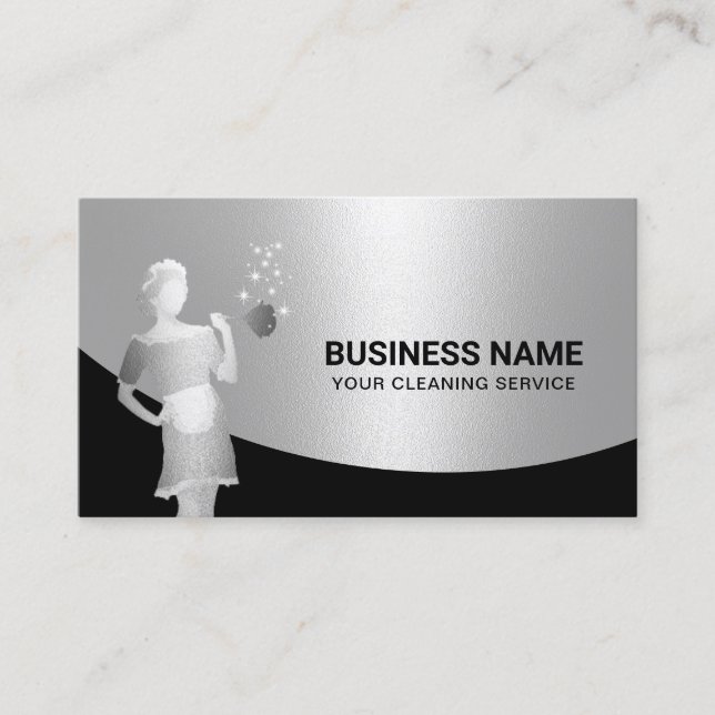 Modern House Cleaning Maid Service Elegant Silver Business Card (Front)