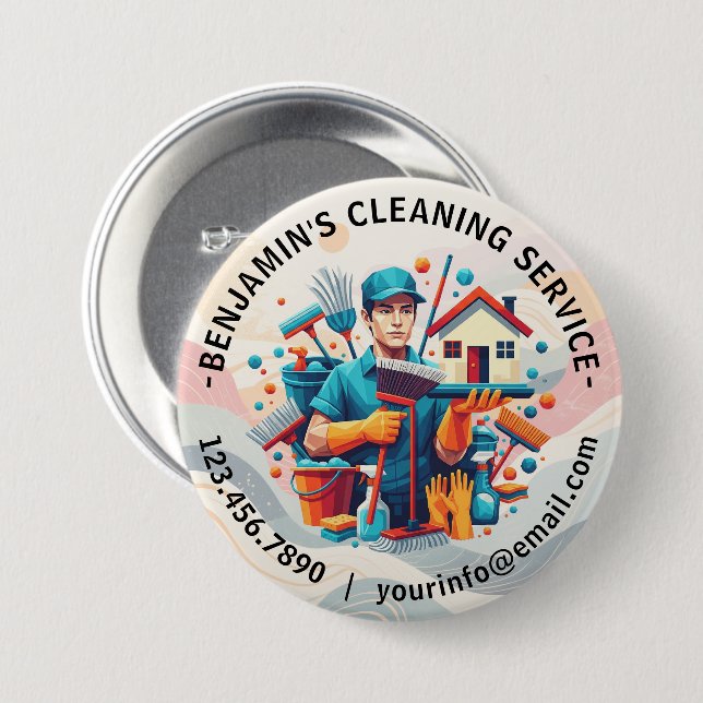 Modern House Cleaning Maid Service Housekeeping Button (Front & Back)
