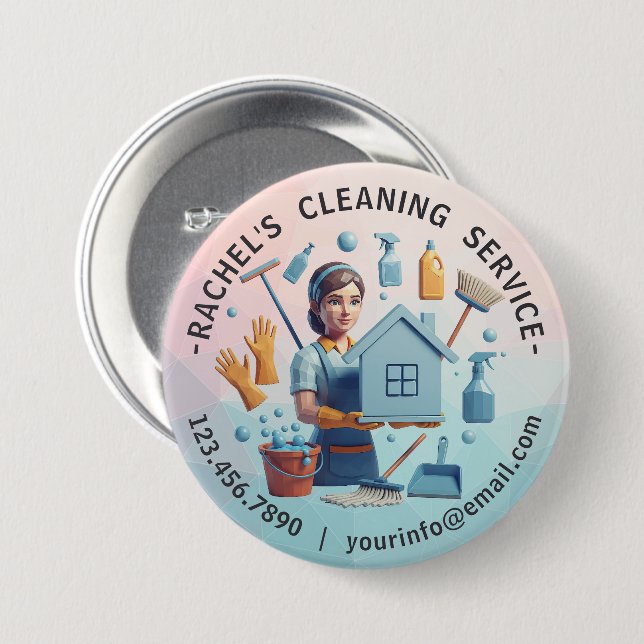 Modern House Cleaning Maid Service Housekeeping Button (Front & Back)