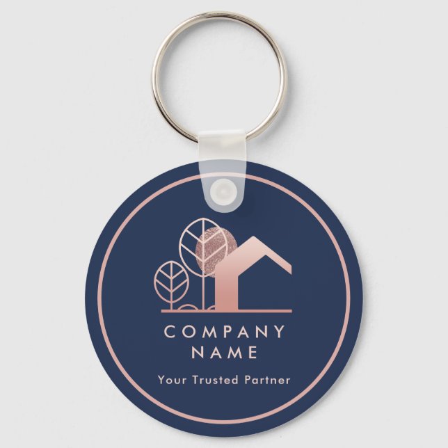 Modern House Logo Navy Blue Rose Gold Qr code Keychain (Front)