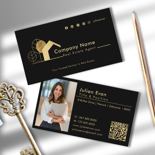 Modern House Logo Photo Black and Gold Realtor Business Card