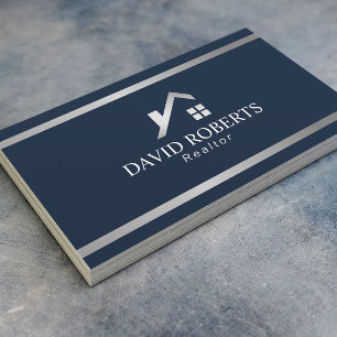 Modern House Logo Real Estate Realtor Navy Silver Business Card