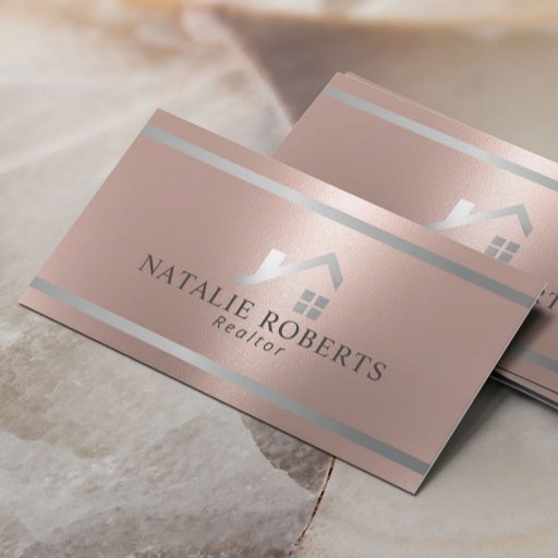 Customizable Modern House Logo Real Estate Realtor Rose Gold Business Card